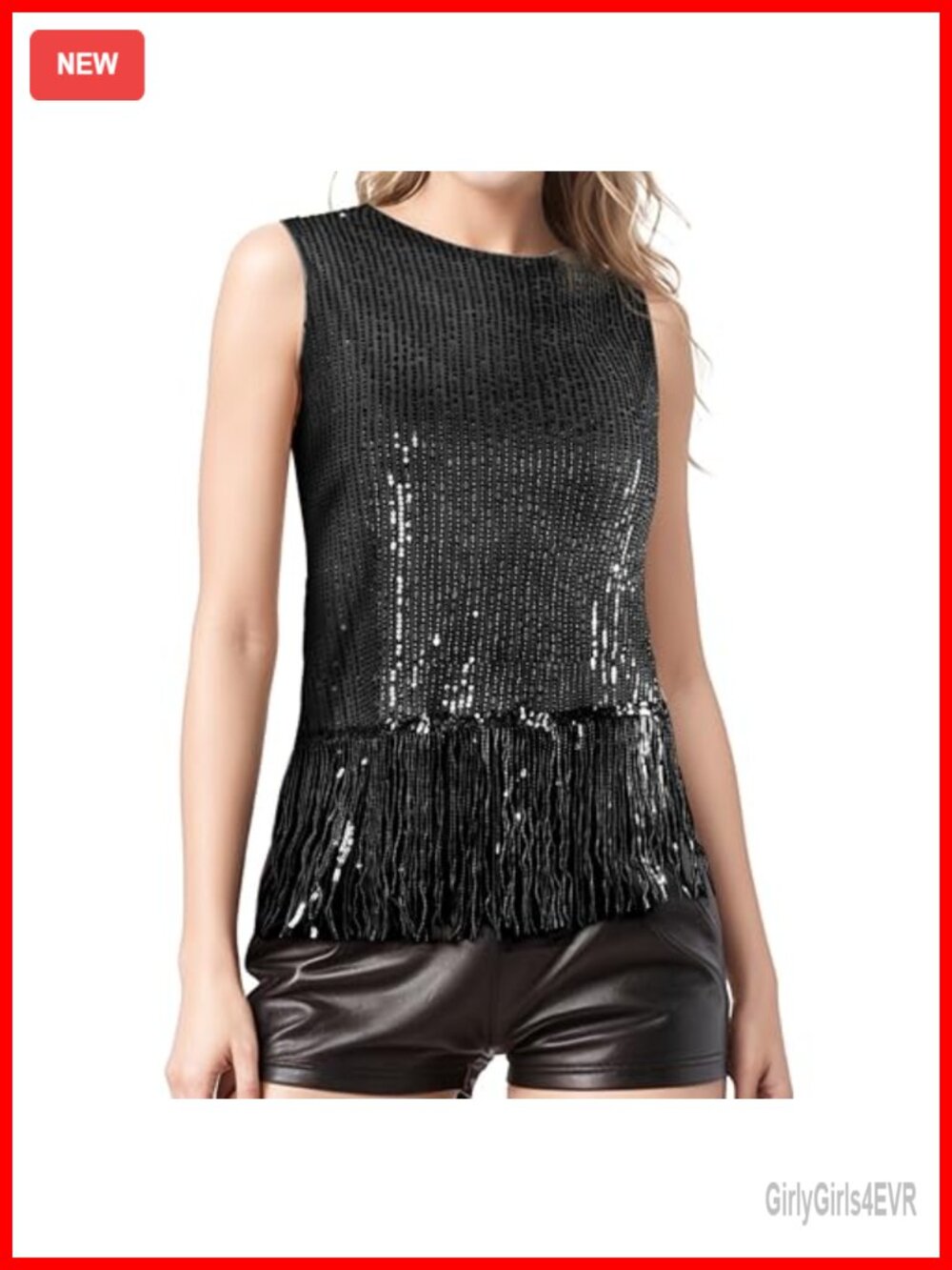 Sequin Fringe Crop Tank Top Sleeveless Crewneck Sparkly Party Shirt